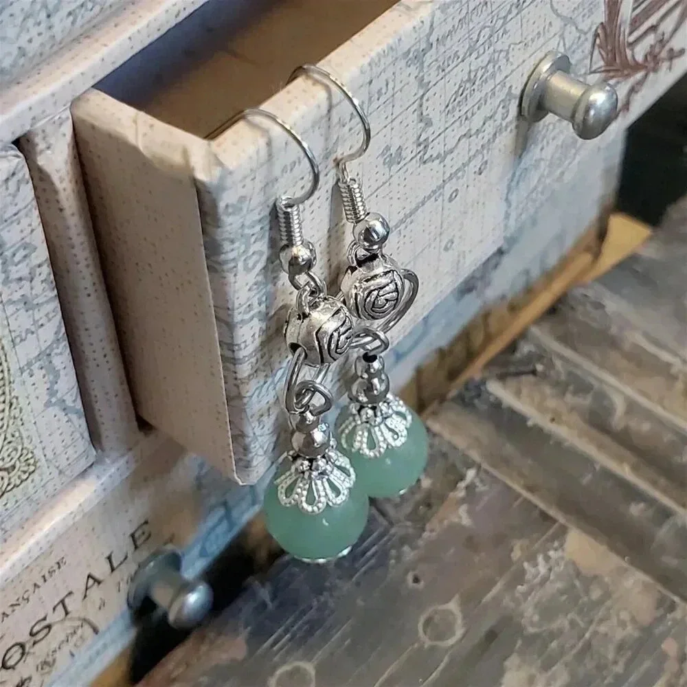 Green Malaysian Jade Gemstone Lacy Trim Silver Carved Rose Handcrafted Earrings